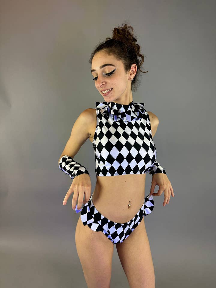 Black and White Harlequin Crop Top and Bottom Set, Open Back Design, Includes Handcuffs for wholesale by Kikimora Fashion