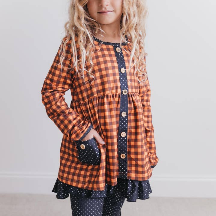 Adorable Sweetness - Wholesale Top & Pant Set - Kids - Kids Navy & Rust Gingham Check Button Pocket Pant Fall Set7