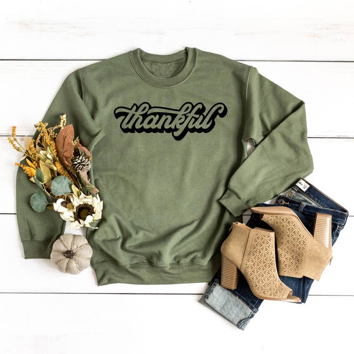 Retro Thankful Sweatshirt for wholesale by Olive And Ivory Wholesale