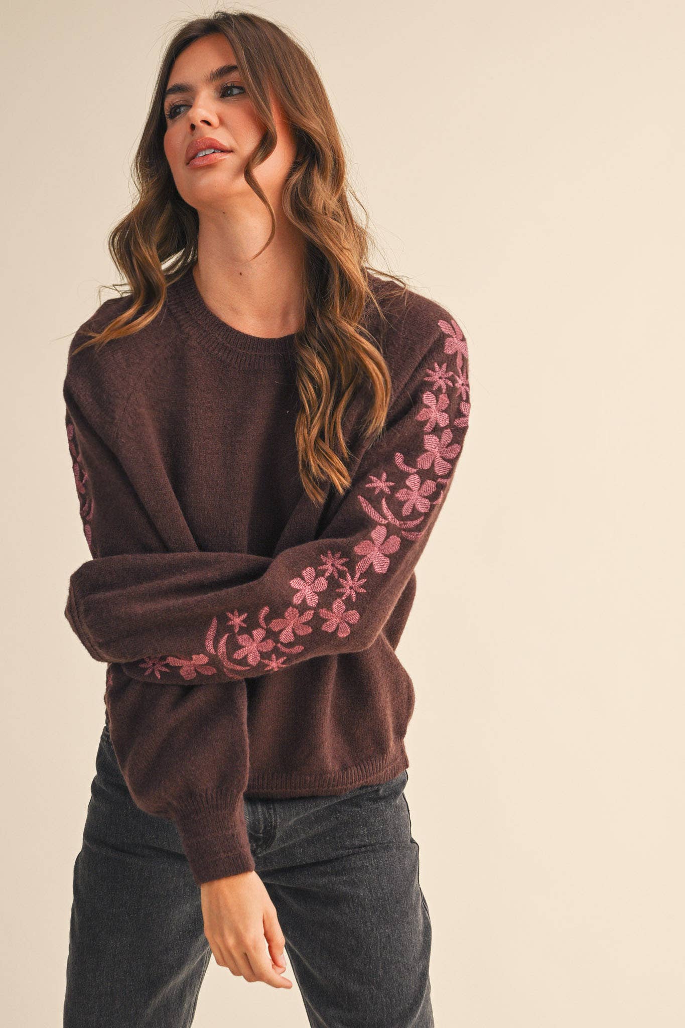 &MERCI - Wholesale Knit Sweater - Women's - PULLOVER SWEATER WITH FLORAL EMBROIDERED SLEEVES MSW1089011