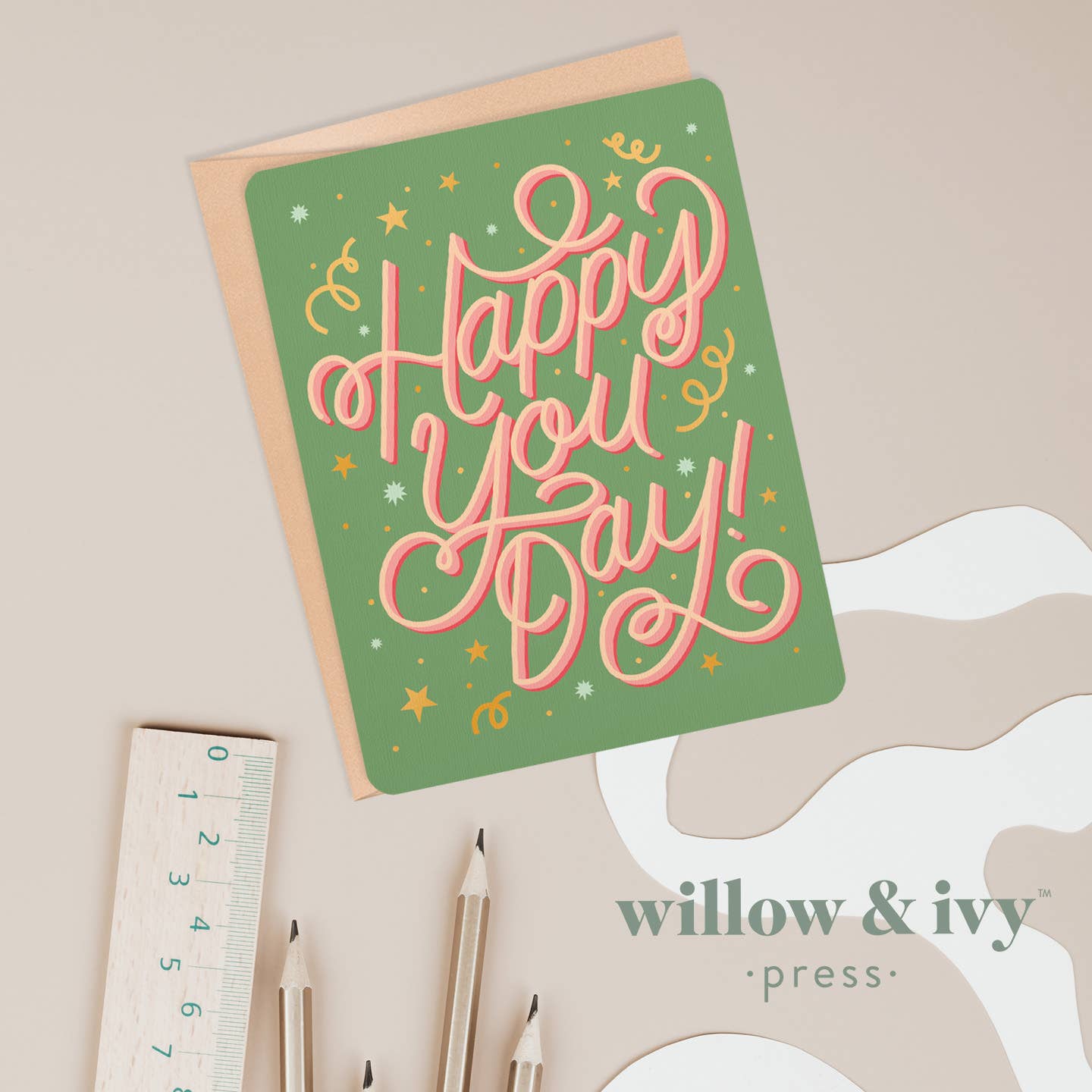 Willow & Ivy Press - Wholesale Birthday Card - Happy You Day Pink and Green Birthday Card2