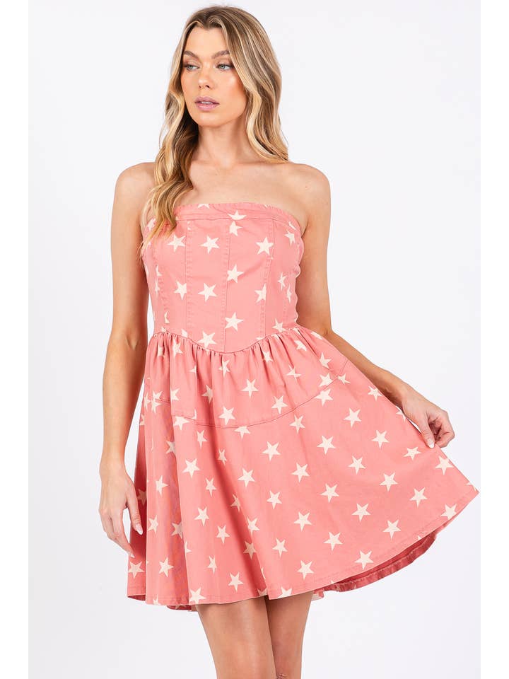 GeeGee x Lovelo - Wholesale Dress - Women's - Star Print Denim Mini Dress: MD506305