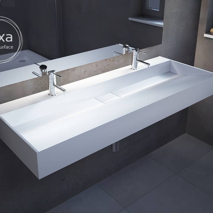 BAINS NEO - Wholesale Bathroom Sign - Wall-mounted double basin in Solid Surface "HELIOS"