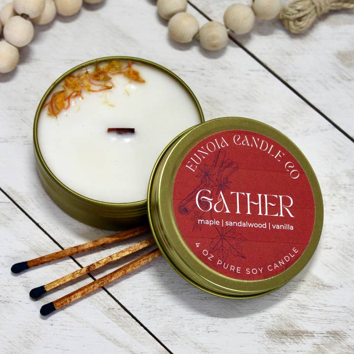 Vela de Soja Gather | Lata Dorada de 4 oz + Mecha de Madera para venta al por mayor de Eunoia Candle Co.