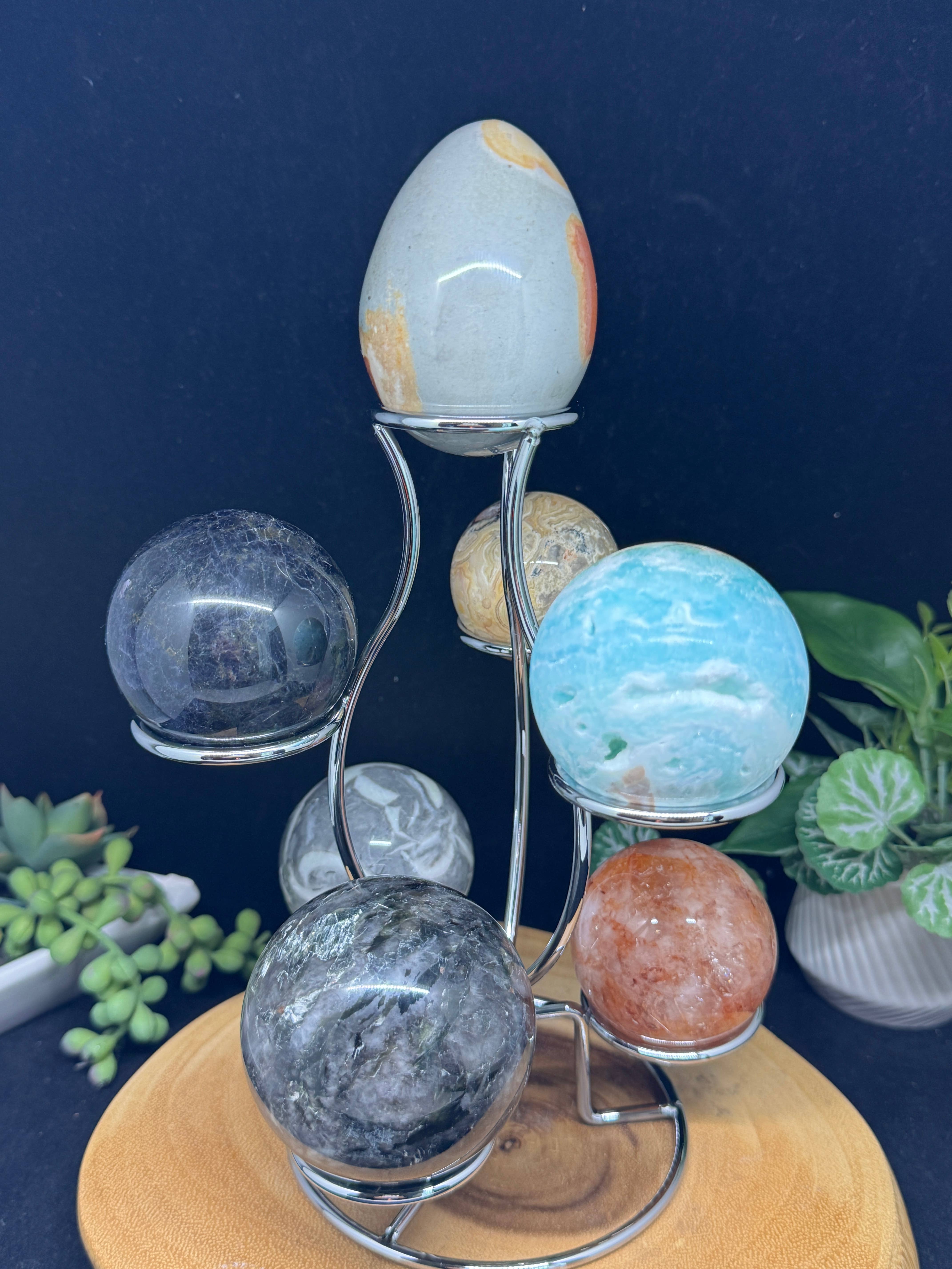 The 7 Directions - Wholesale Spiritual Stone/Crystal - 7 pc Mica Iolite fire quartz sphere w/ display stand G99613