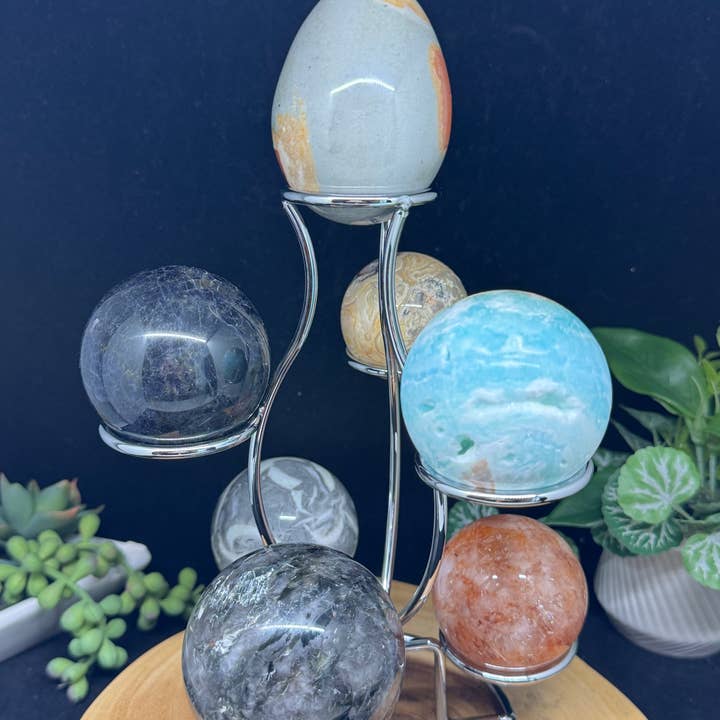 The 7 Directions - Wholesale Spiritual Stone/Crystal - 7 pc Mica Iolite fire quartz sphere w/ display stand G99613