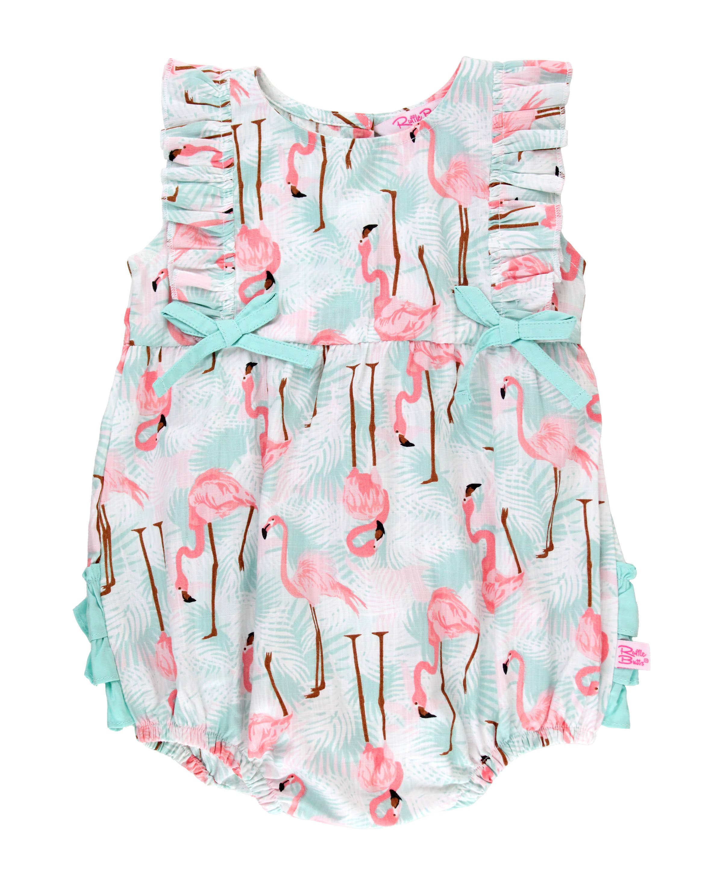 Multi Color Baby Girls Vibrant Flamingo Classic Ruffle Bubble Romper for wholesale on Faire0