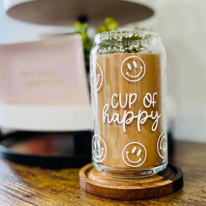Tazza di tazza di vetro felice faccina sorridente per la vendita all'ingrosso da parte di Charlotte Nadine Creations