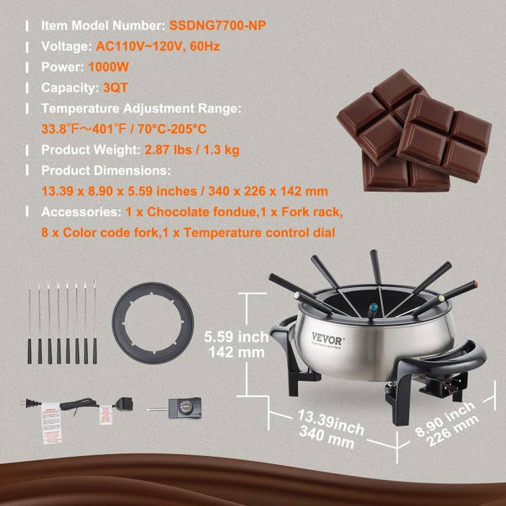 Hard Rock Health Stores - Wholesale Kitchen Appliance - Electric Fondue Pot Set for Cheese & Chocolate, 3 Quart Chocolate Melting Warmer, Stainless Steel Fondue Maker with Temperature Control and 8 Forks, for Hors d'Oeuvres, Entrees, and Desserts6