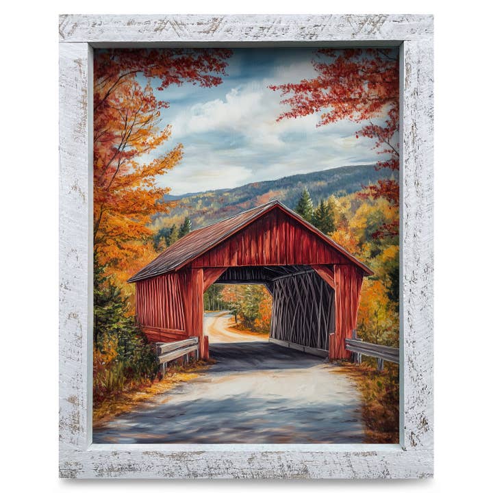 Pont couvert rouge | Impression d'art mural encadrée en bois véritable pour la vente par Mill Wood Art