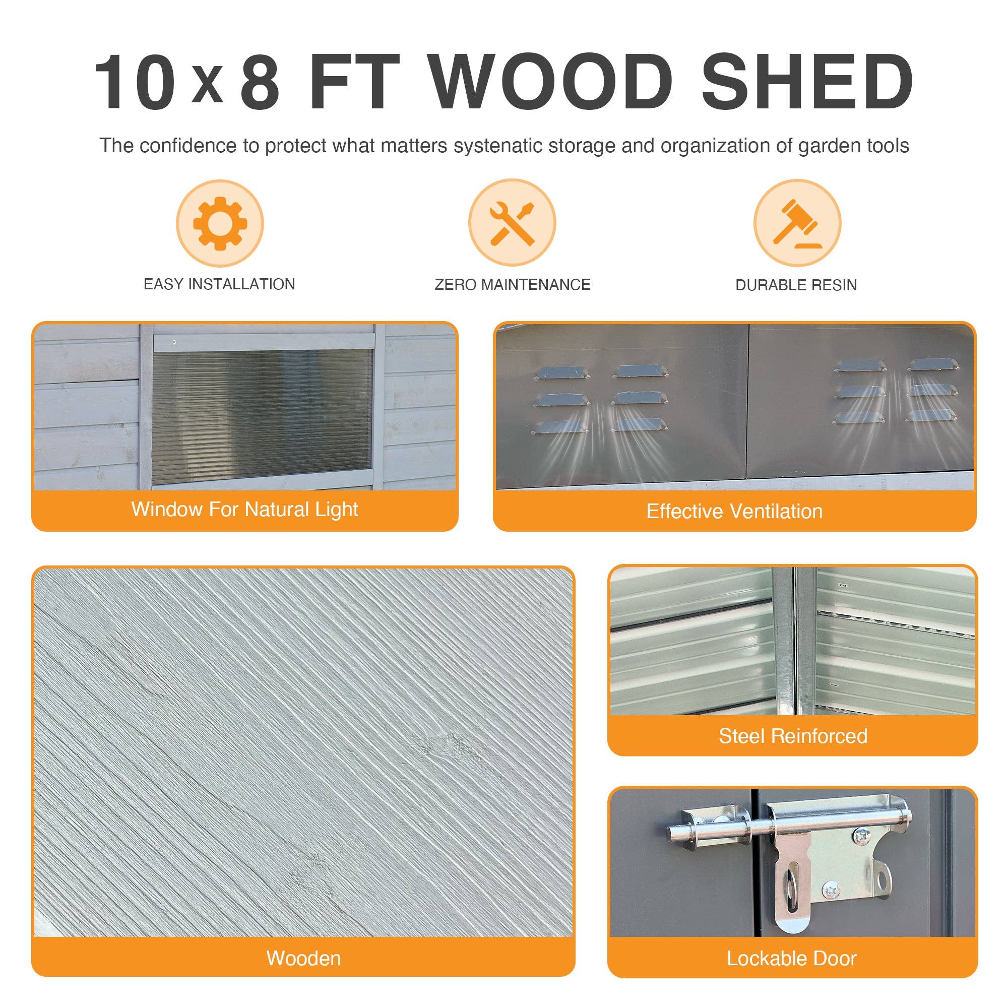 39F Inc. - Wholesale Outdoor Ornament/Decor - 8x10FT Iron-Wood Tool Shed, Gray, Waterproof & Ventilated3