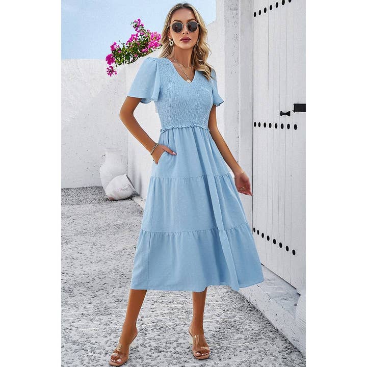 Shoppe247 – Engroshandel Kjole - Dame – Swiss Dot Ruched Color Block V-hals flæsekjole