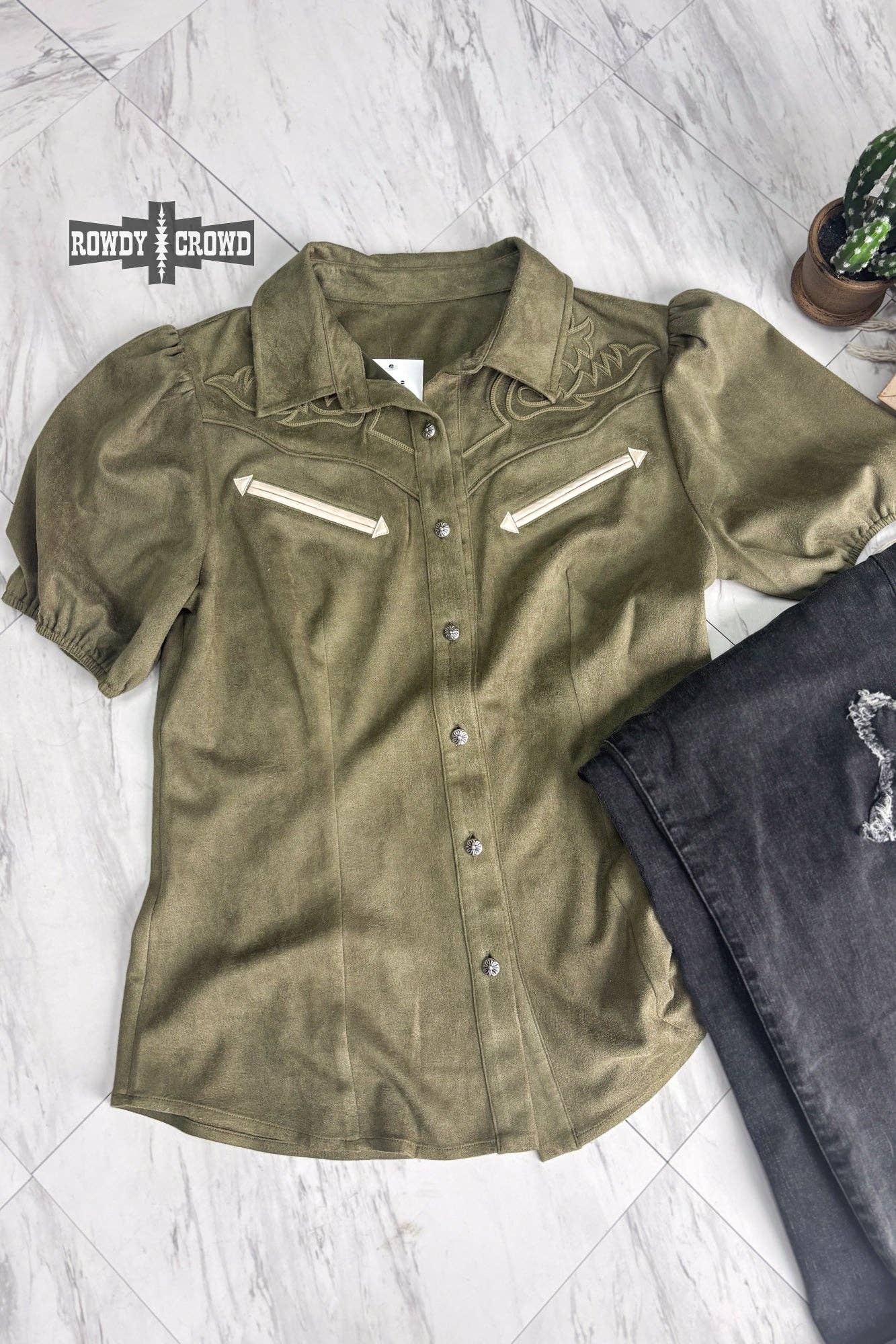 Rowdy Crowd Clothing - Vente Chemise à col boutonné – femme - Haut Calaboose vert olive9
