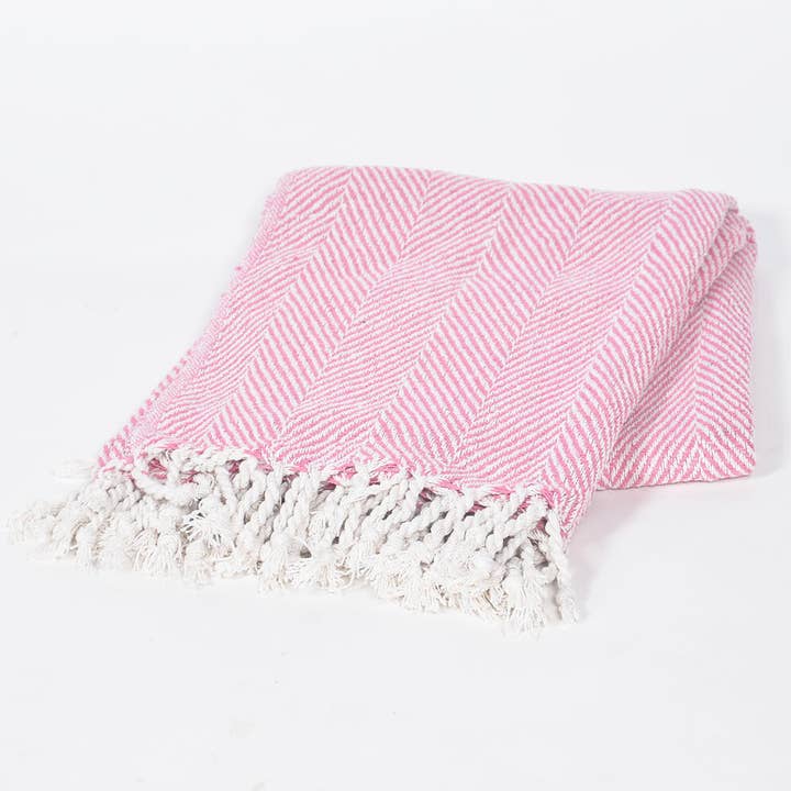 Yarn-Dyed Cotton Pink Chevron Tasseled Throw for wholesale by IndieRoots