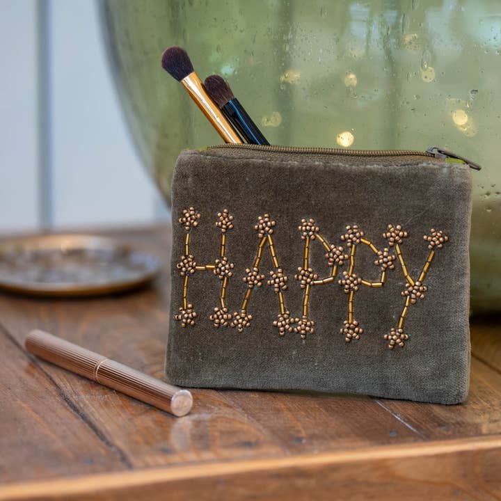 Small velvet pouch embroidered with brass beads HAPPY, khaki for wholesale by Maison Lilo