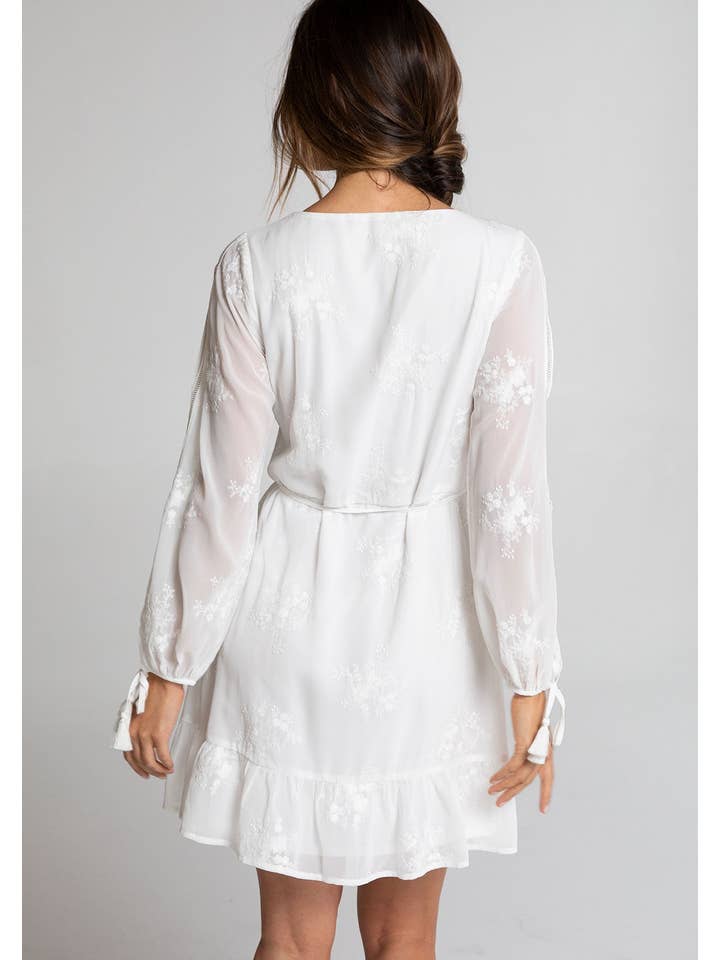 Lovestitch - Wholesale Dress - Women's - Sheer Chiffon Embroidered Long Sleeve Wrap Dress