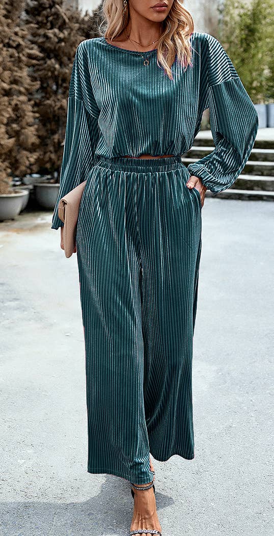 HIDDENBRAND - Wholesale Top & Pant Set (NOT Loungewear) - Women's - Women's Velvet Suit Casual Two Piece4