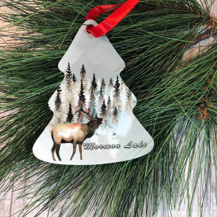 Evergreen Elk Tree Shape 2 Sided Ornament  for wholesale by GP Originals