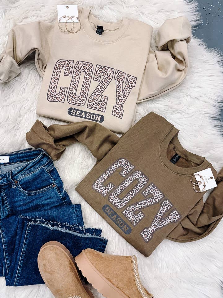 Leopard Cozy Season Crewneck Sweatshirt - Brown & Sand for wholesale by Emerlie Love