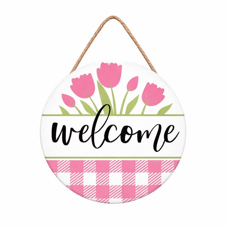 Round “Welcome” Door Hanger – Spring Tulip Plaid Design for wholesale by Creative Inspiration Design