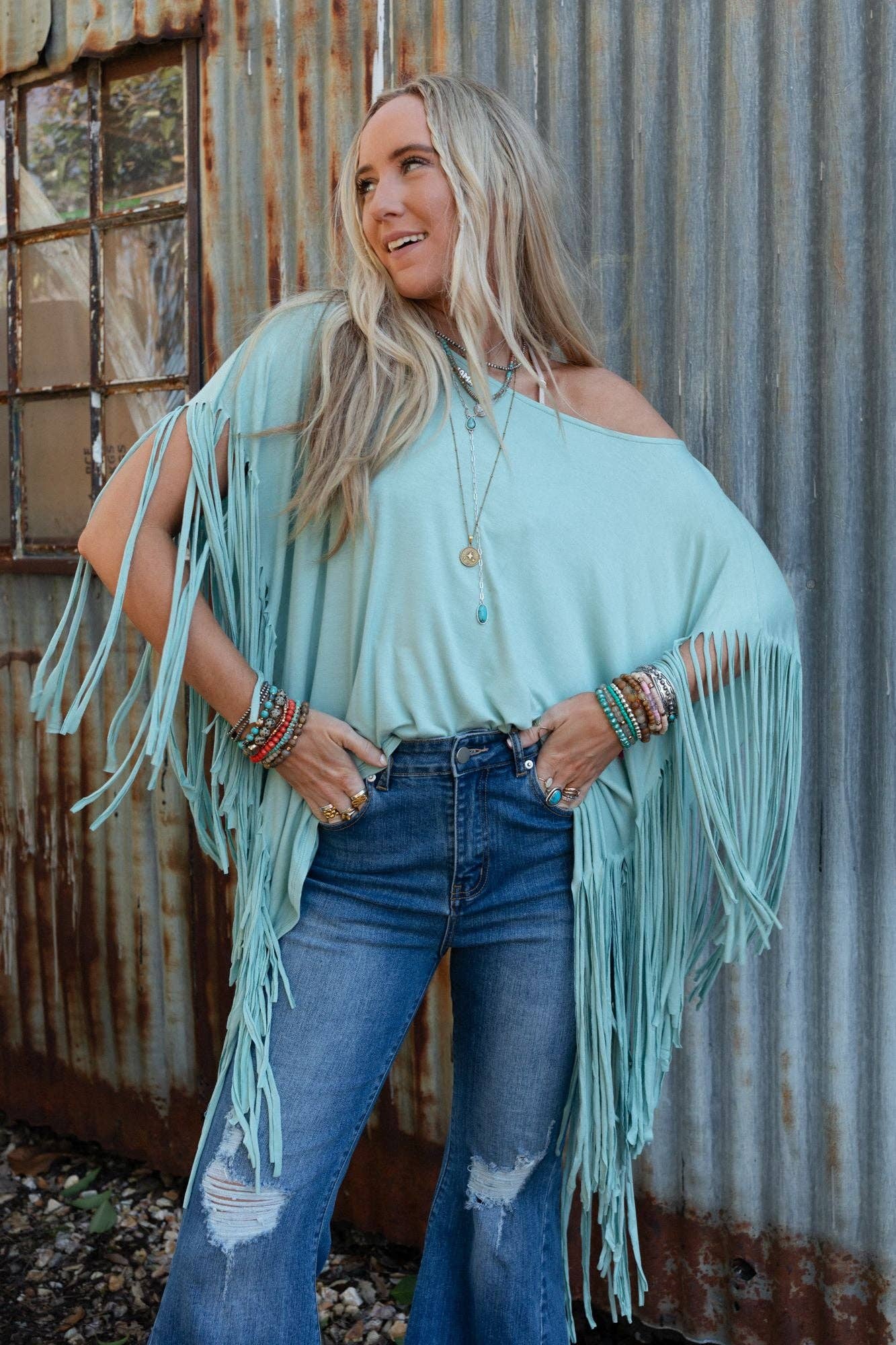 Three Bird Nest - Wholesale Tunic - Women's - Showstopper Fringe Top - Washed Seafoam3