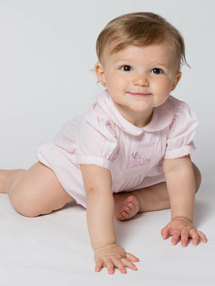 Julius Berger & Carriage Boutique – wholesale Bodysuit (non-footed) – Baby – Baby Girl Hand Smocked Bubble Romper Pink Giraffe