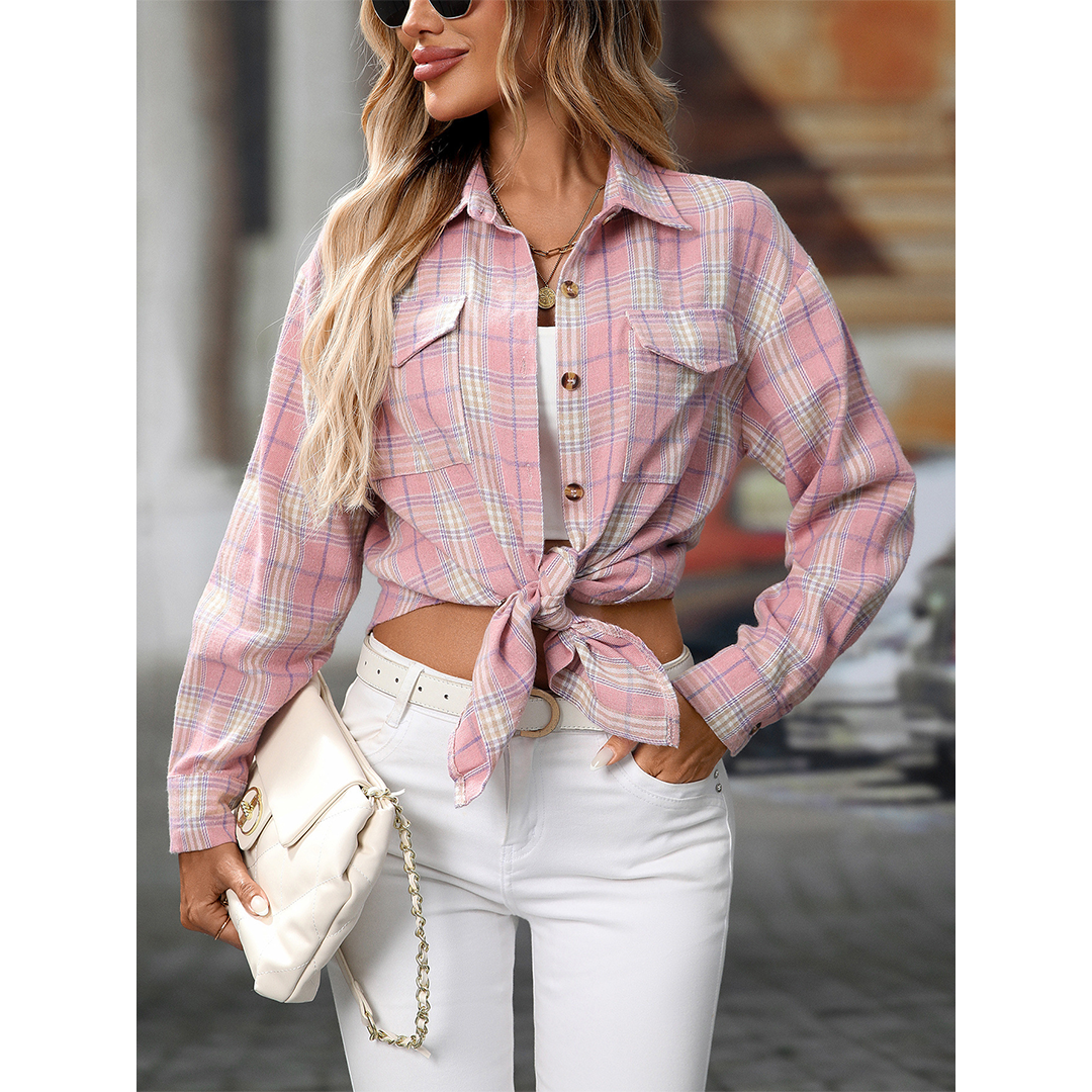 UNISHE - Wholesale Shirt - Women's - Casual Loose Fit Plaid Pockets Button-Down Shirt MD21332