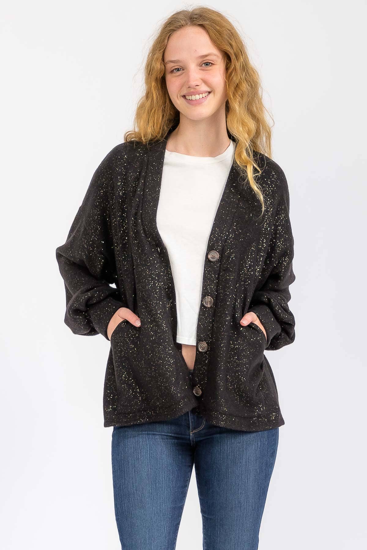 7th Ray – wholesale Cardigan – Women’s – Gold Glitter Detail Button Down Cardigan T60404