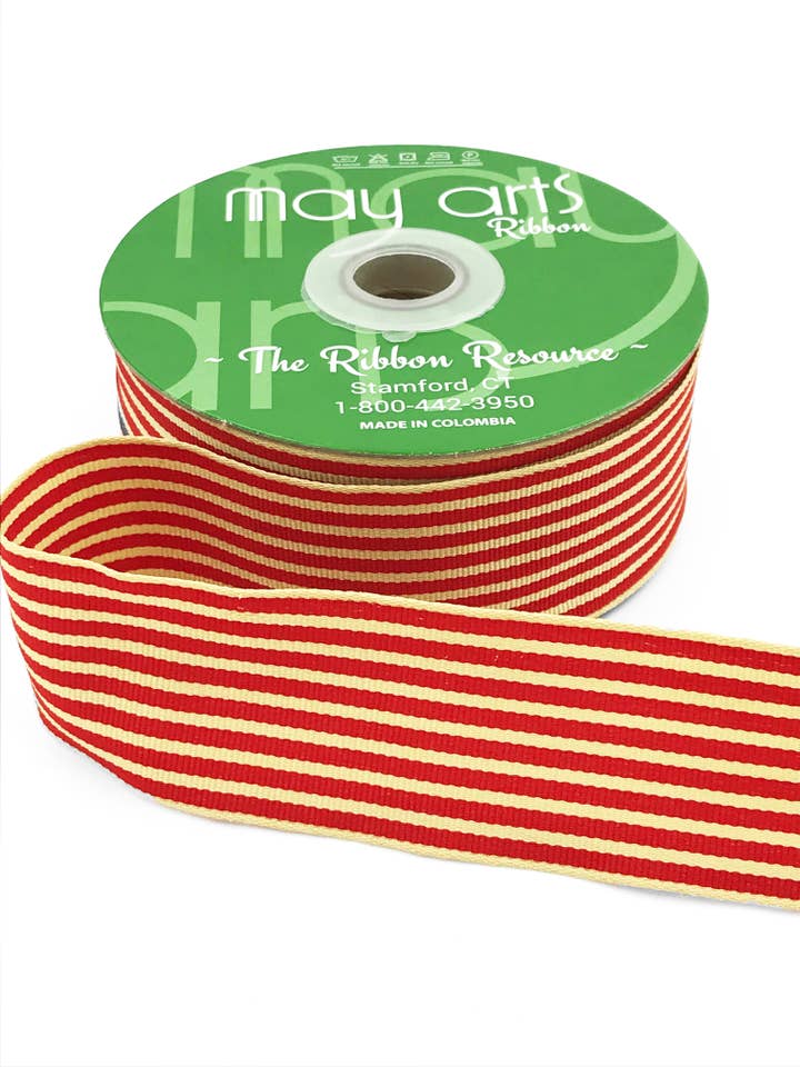 Fita de gorgorão às riscas de 1,5" Clássico Vermelho & Aveia por atacado de May Arts Ribbon