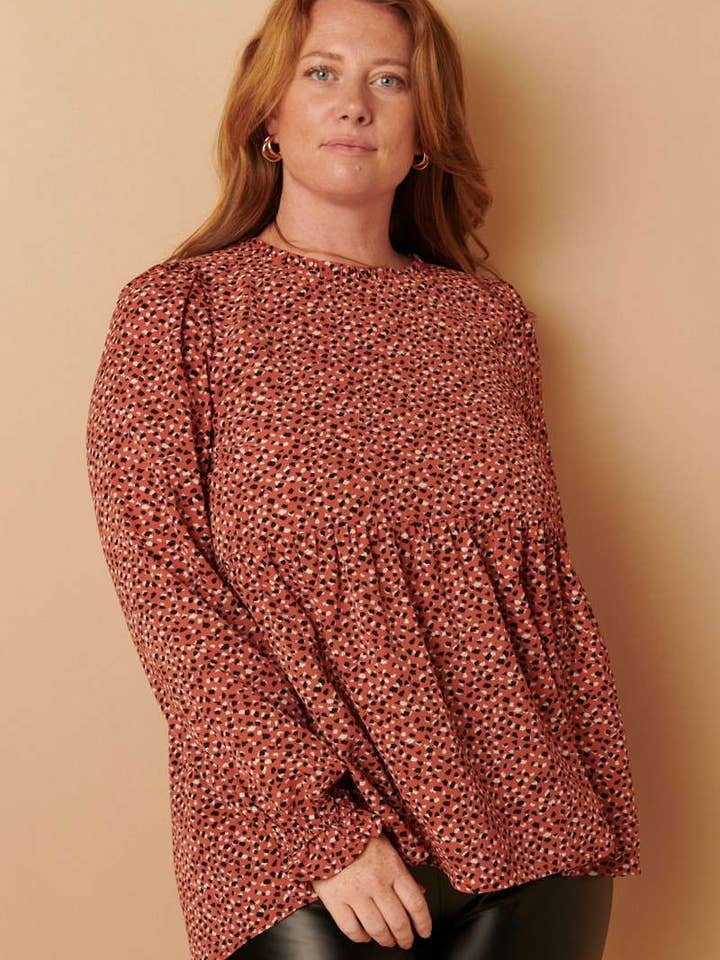 PLUS ABSTRACT PRINT RUFFLE MOCK NECK BLOUSE for wholesale by mittoshop