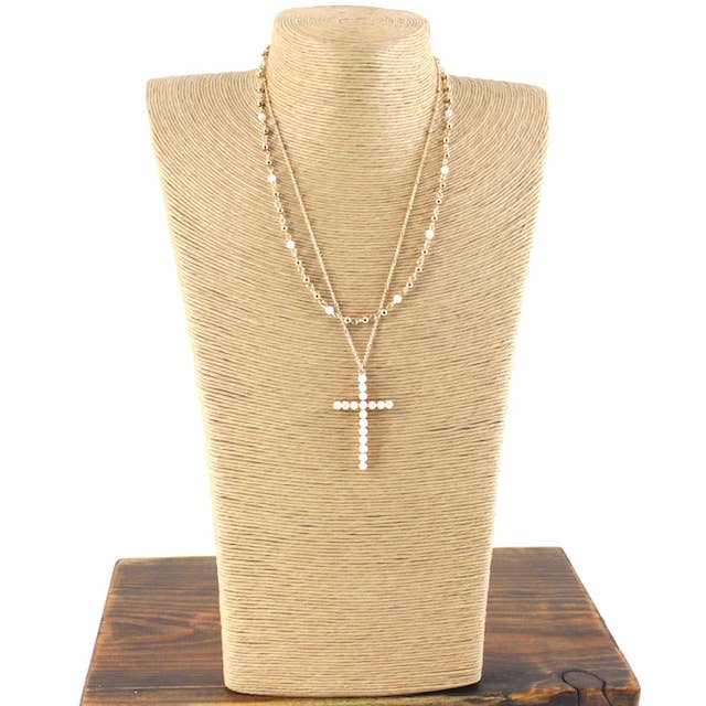 Pretty Persuasions - Wholesale Pendant/Charm Necklace - N24189 Glass Beads Adorned Cross Pendant 2-Layer Necklace