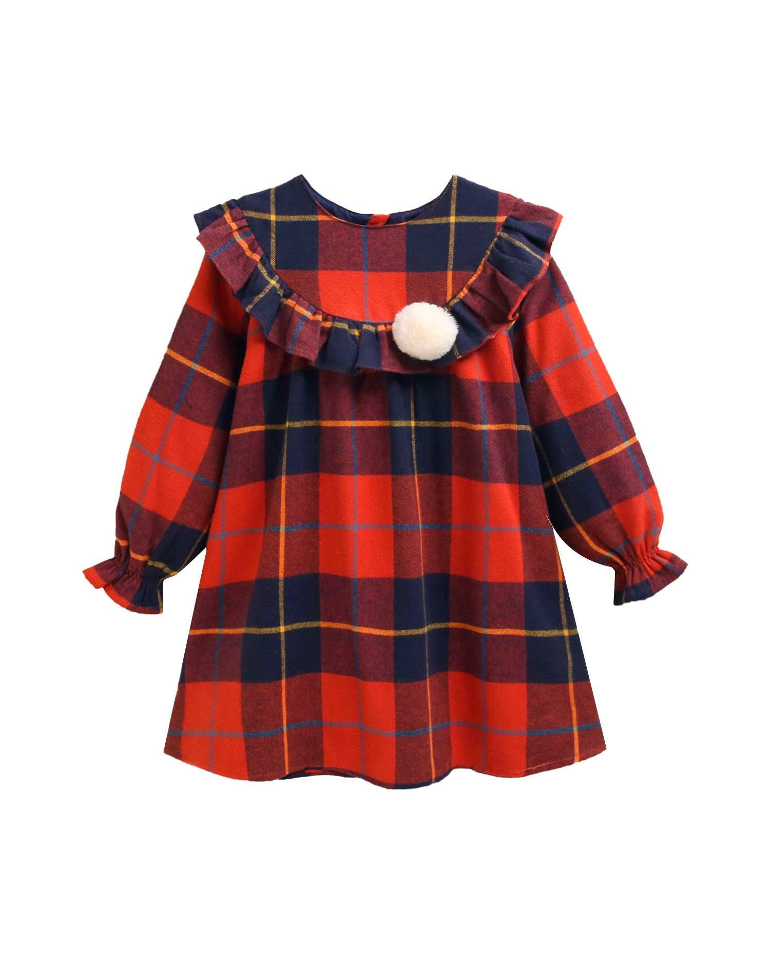Girl's Red and Blue Plaid Plaid Dress with Pompom for wholesale on Faire0