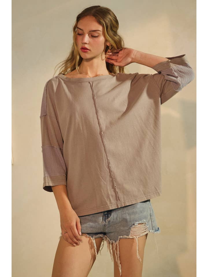 Oddi - Wholesale Blouse - Women's - Plus Acid Washed Mixed Fabric Pullover Top