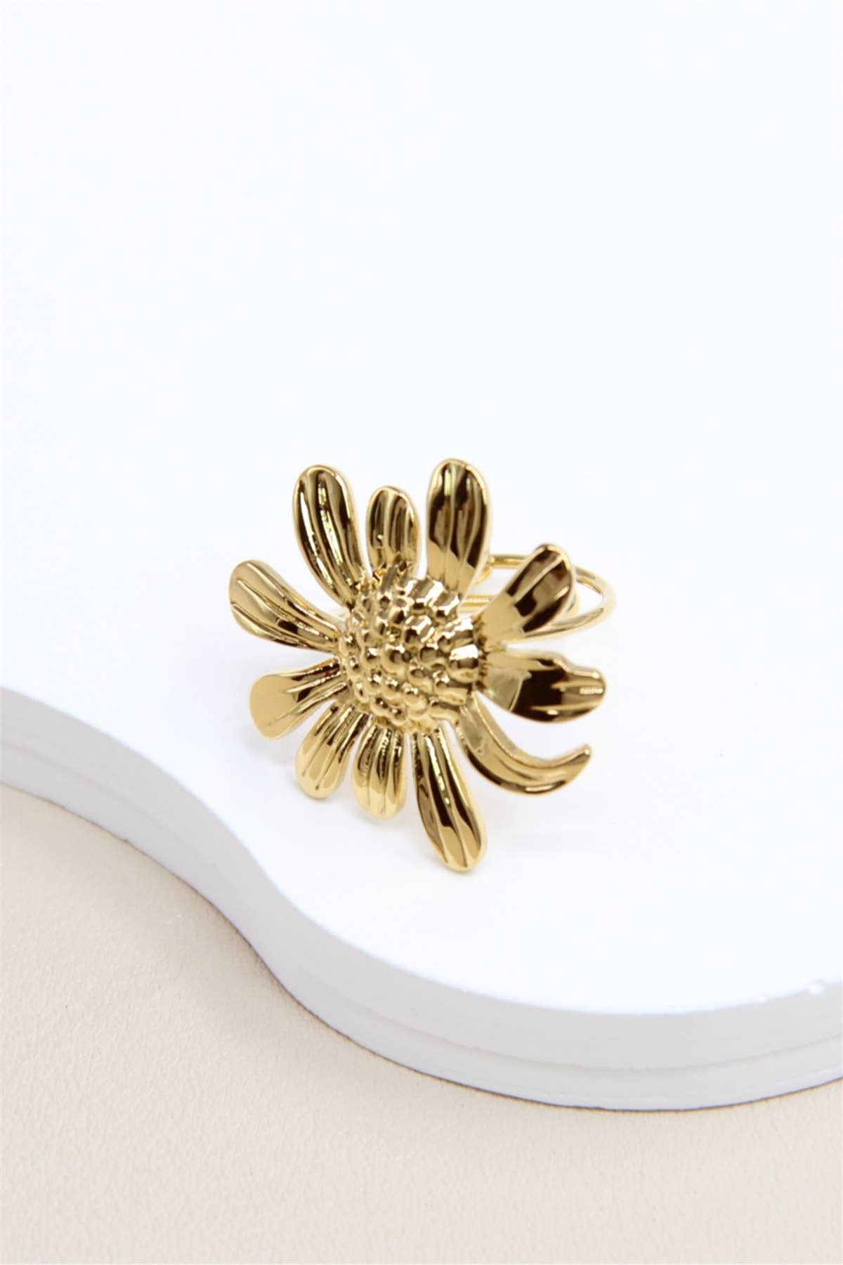 golden Adjustable Sunflower Flower Ring in Stainless Steel for wholesale on Faire1