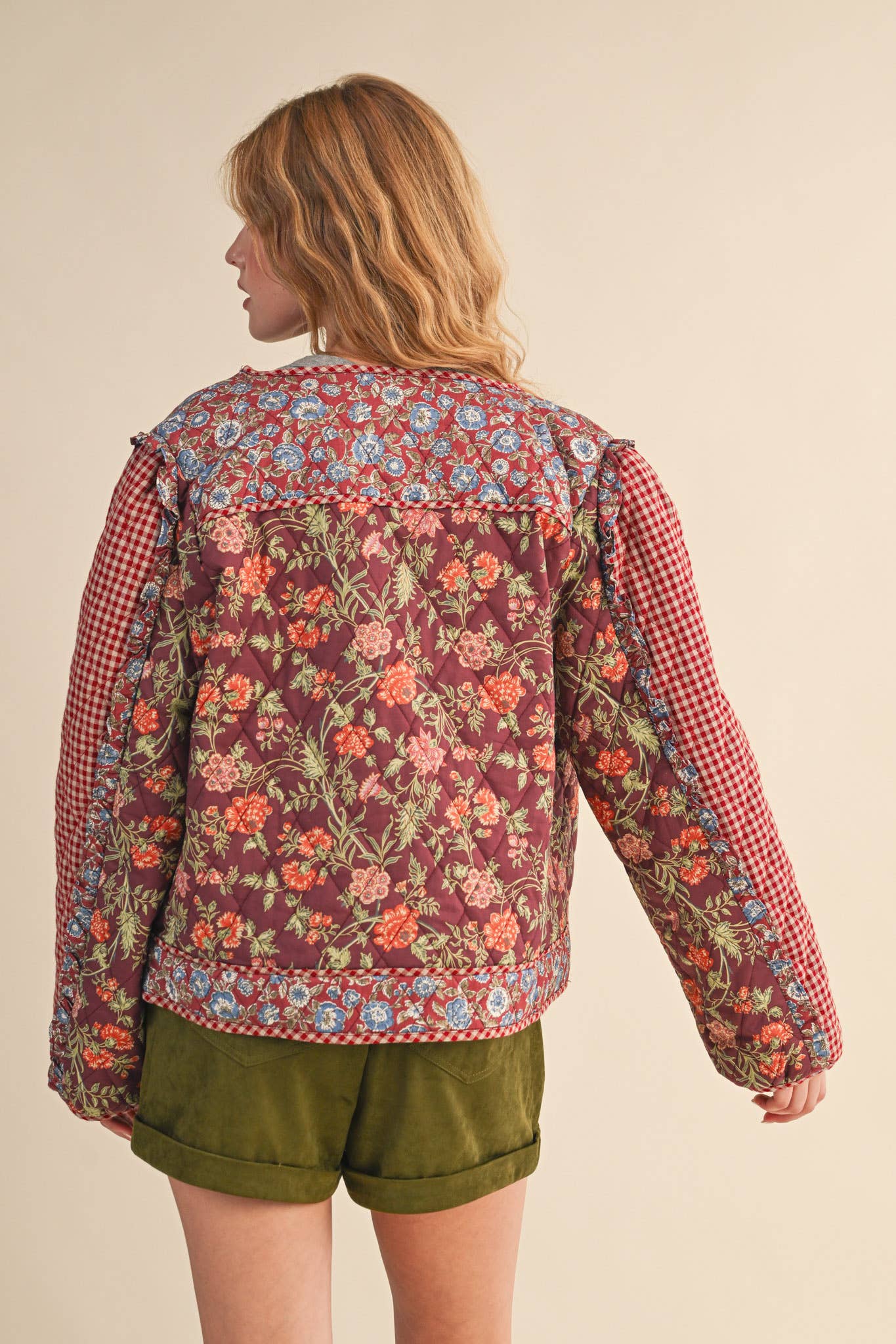 BURGUNDY MULTI MIXED PRINT QUILTED JACKET WITH RUFFLE TRIM MJK4531 for wholesale on Faire6