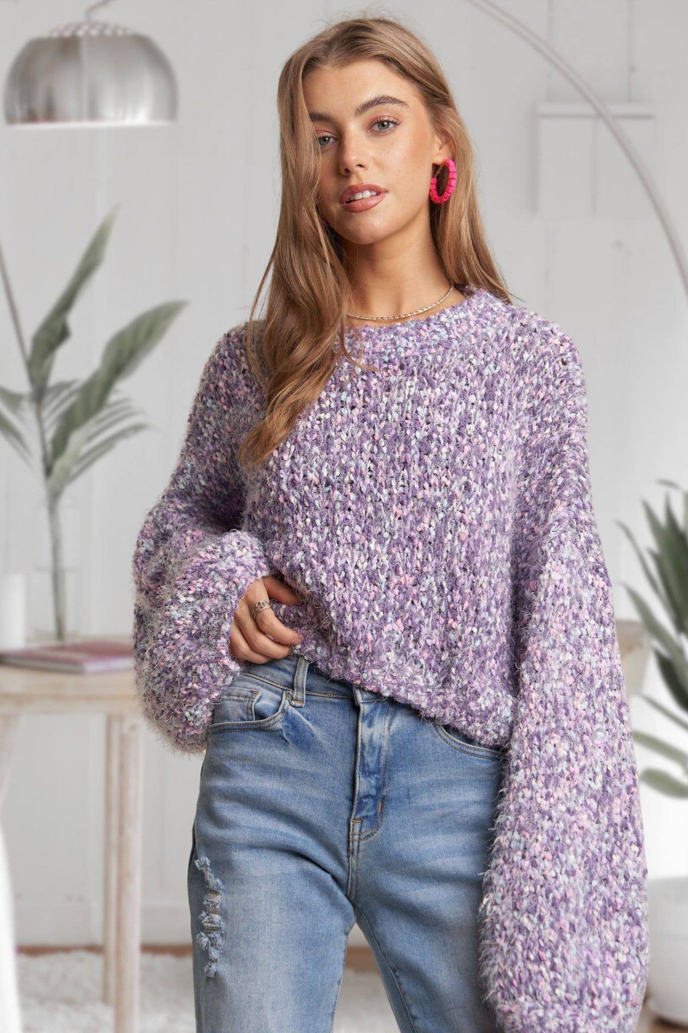 ADORA LA - Wholesale Knit Sweater - Women's - CESW3457-MULTI COLOR POPCORN TEXTURED SWEATER TOP2