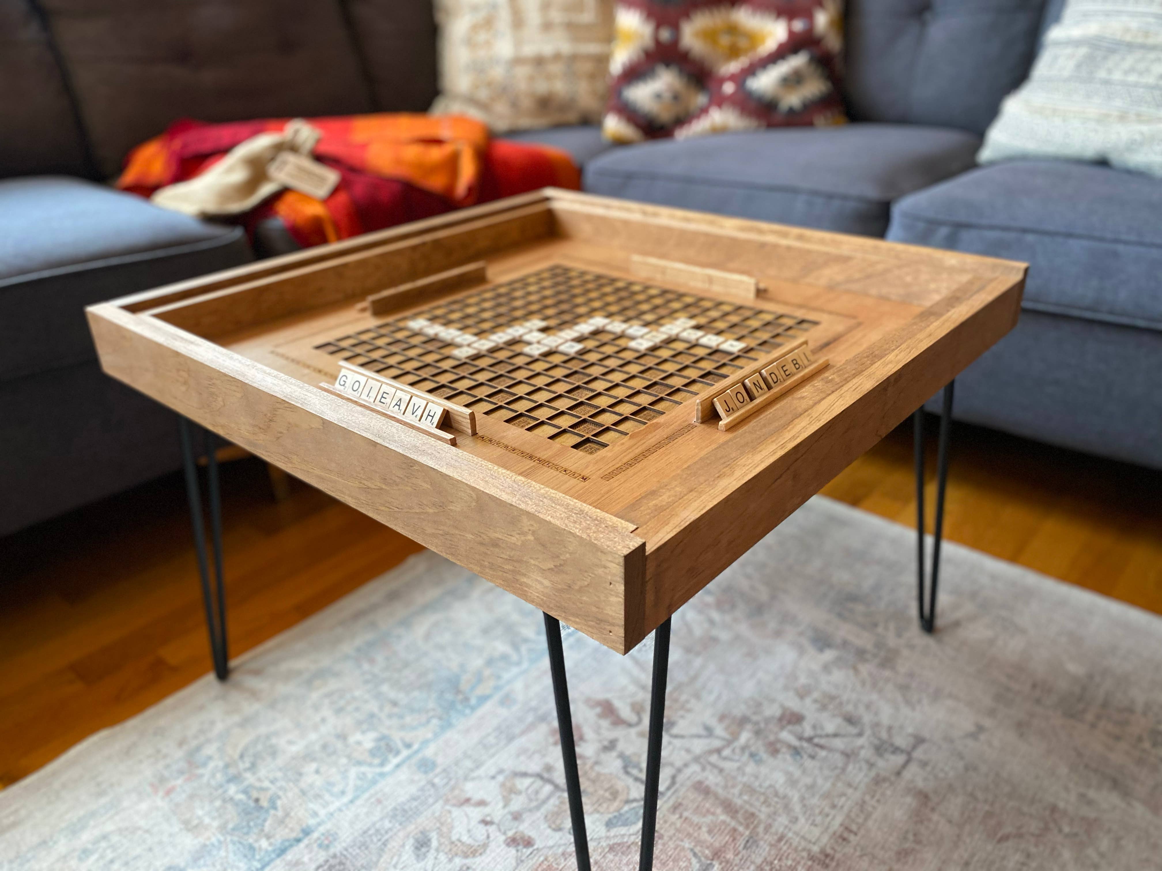 Charles River Woodworks - Wholesale Coffee Table - Rustic Scrabble Coffee Table with removable top - letter tiles included6