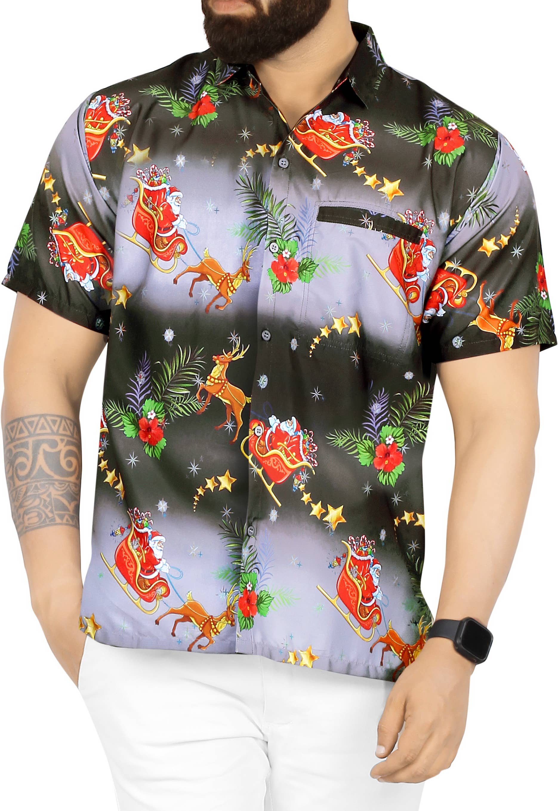 LA LEELA Men's Xmas Santa Printed Shirt Black P00097 for wholesale on Faire0