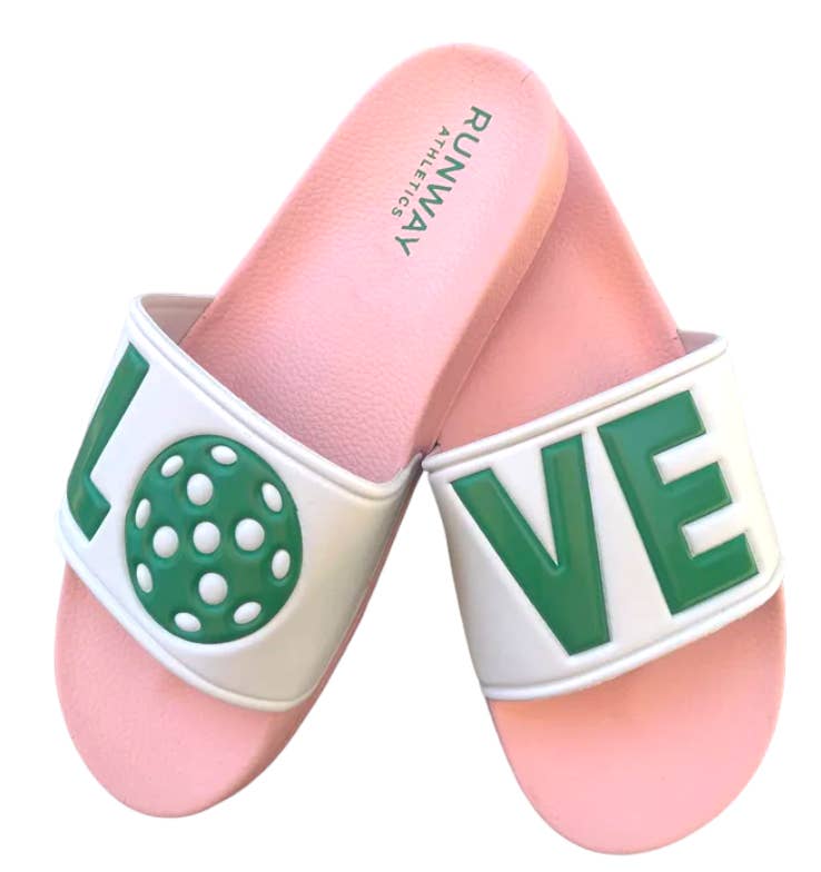 Runway Athletics - Wholesale Slides - Women's - Pickleball LOVE Slides - Pink/Green Ball