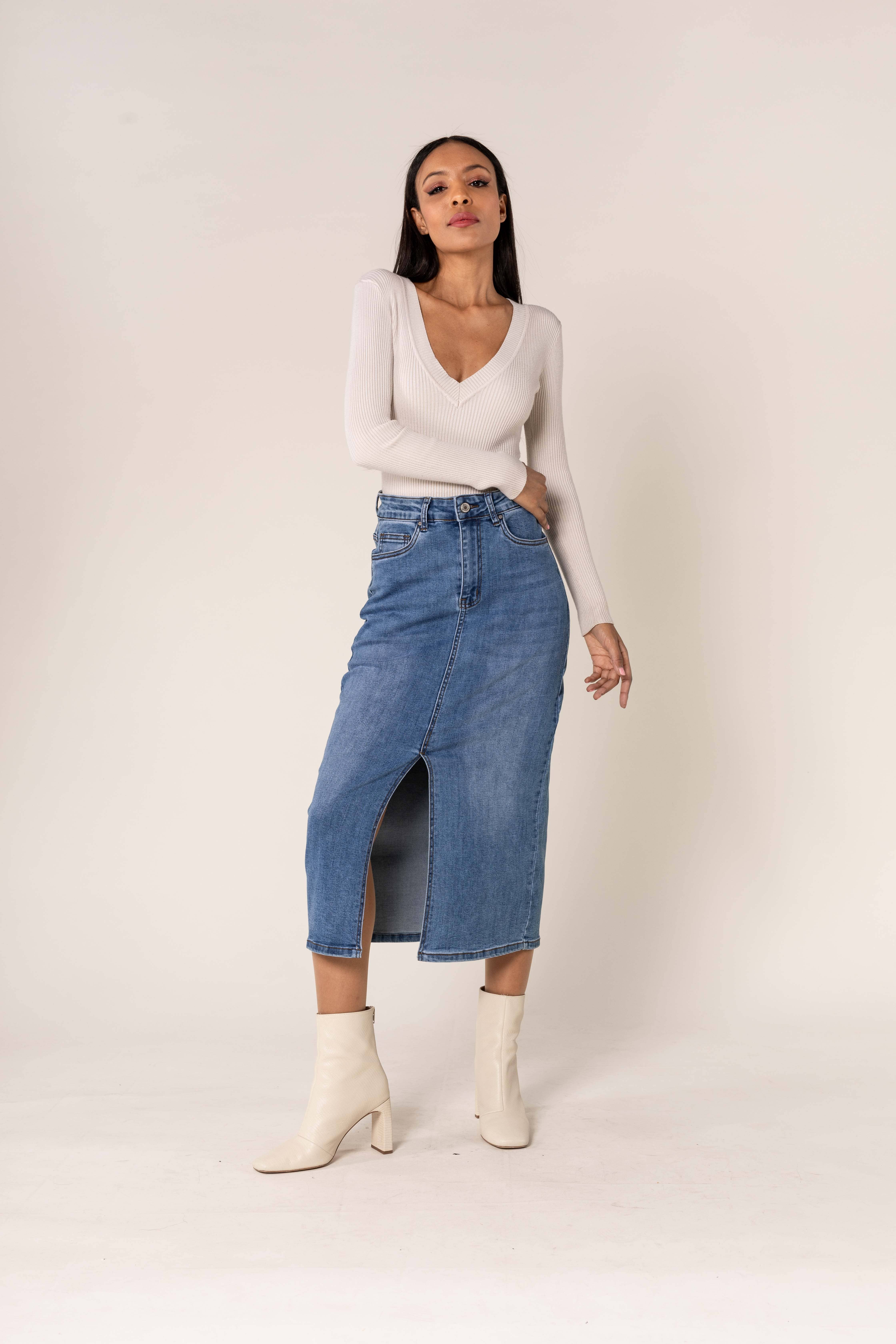 Nina Carter - Vendita all'ingrosso Gonna - Donna - Gonna lunga di denim Nina Carter con spacco frontale P2153