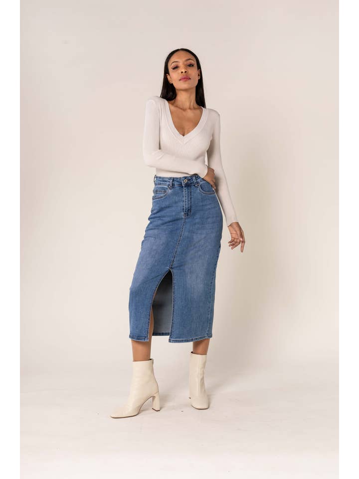Nina Carter - Wholesale Skirt - Women's - Nina Carter denim jean long skirt with front split front P2153