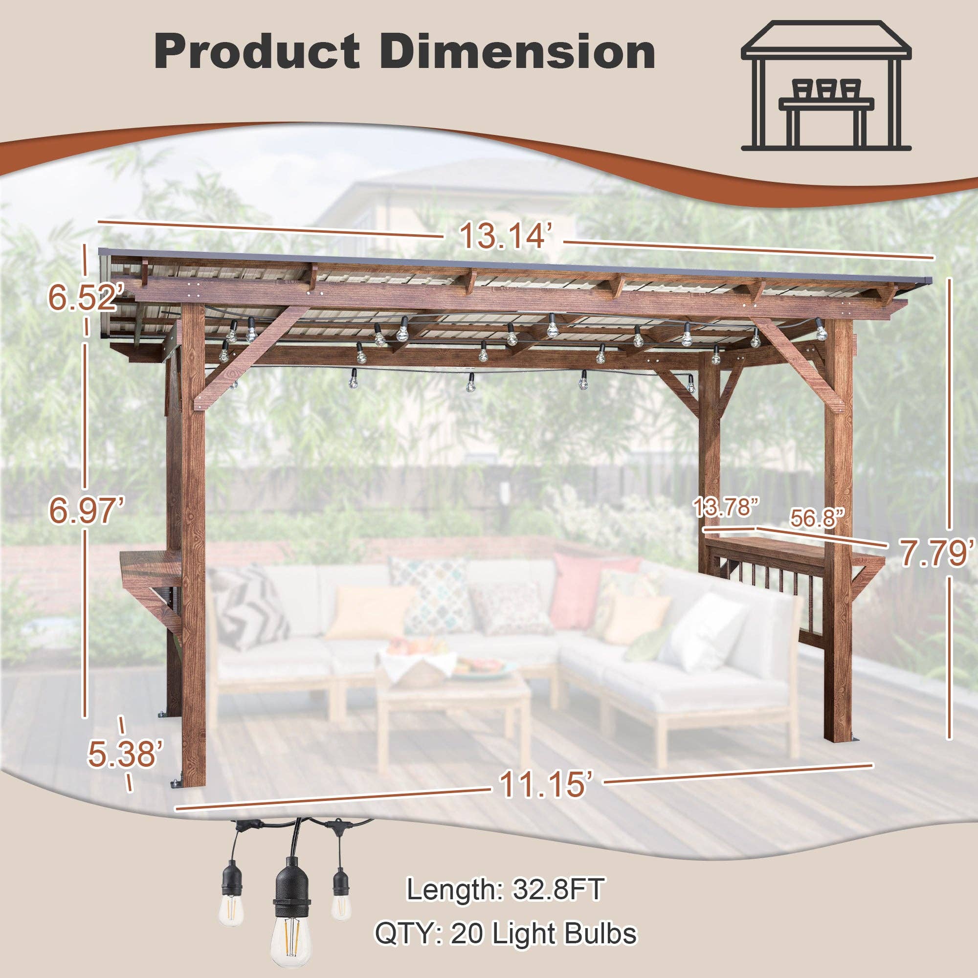 39F Inc. - Wholesale Outdoor Ornament/Decor - 13'x6.5' Wooden Pergola Grill Gazebo w/Metal Roof & Bulbs2