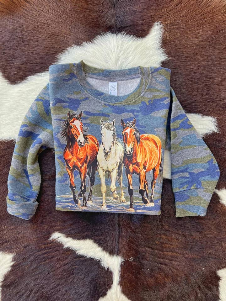 Three horses camo sweatshirt for wholesale by Buckin Baby Wholesale