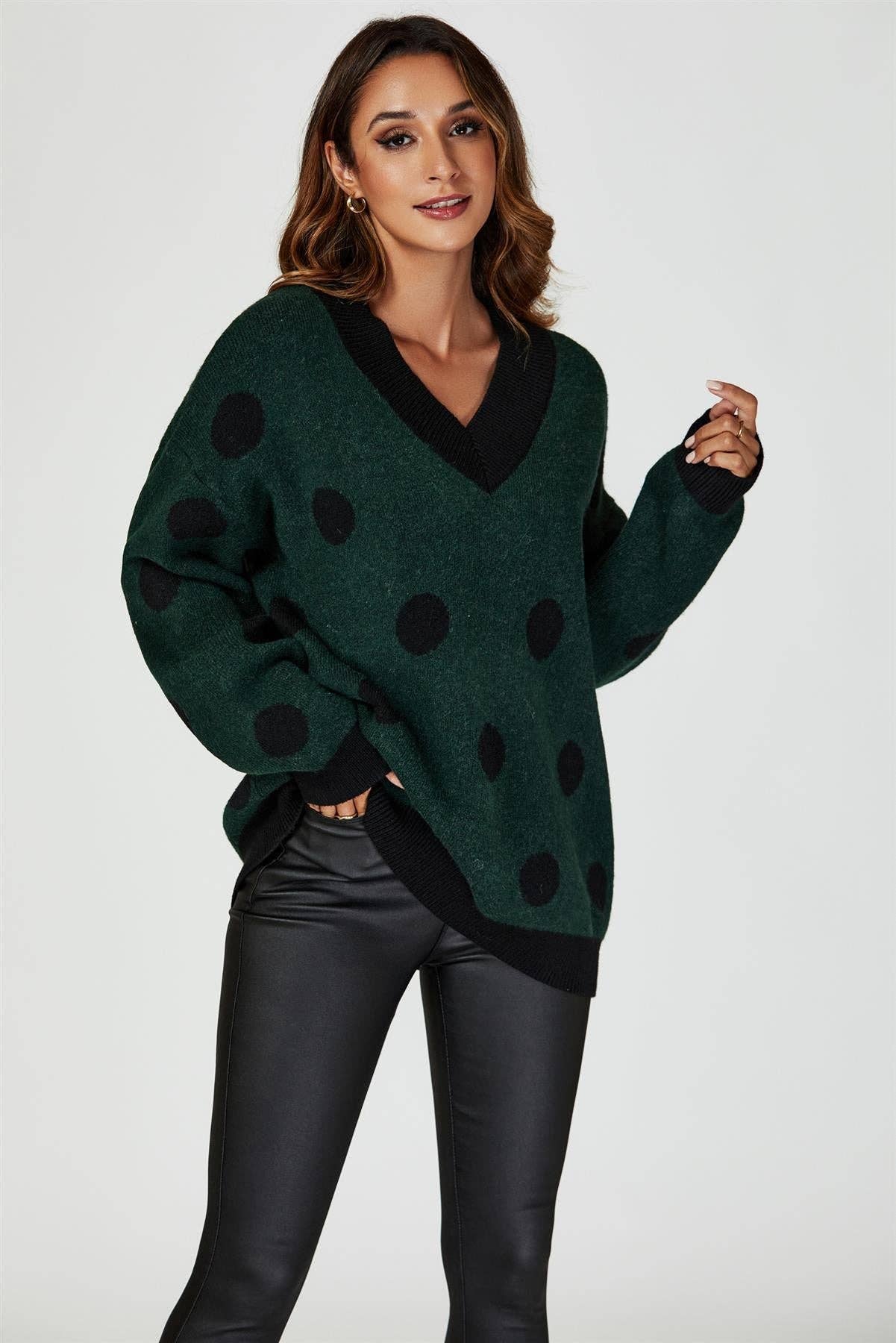 Wool Blended V Neck Jumper In Green & Black Polka Dot for wholesale on Faire3