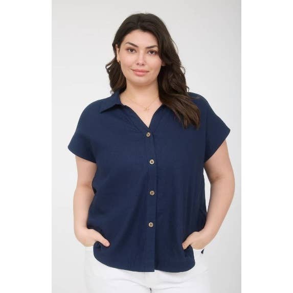 PLUS SIZE COLLARED BUTTON DOWN SHORT SLEEVE LINEN BLEND TOP for wholesale by Curve Market