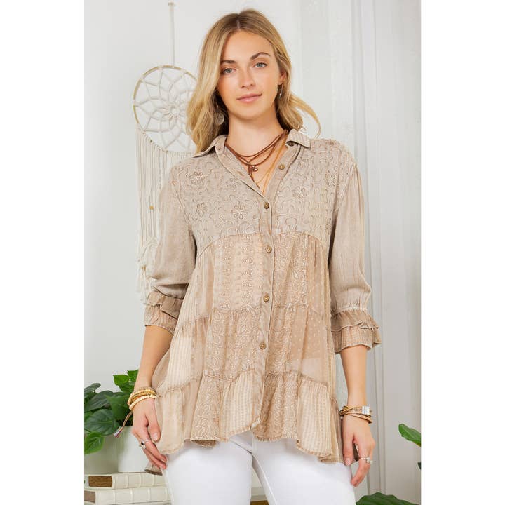 Young Threads - Wholesale Button Down Shirt - Women's - 60s Caravan Boho Button-Down Shirt Patchwork And Embroidery