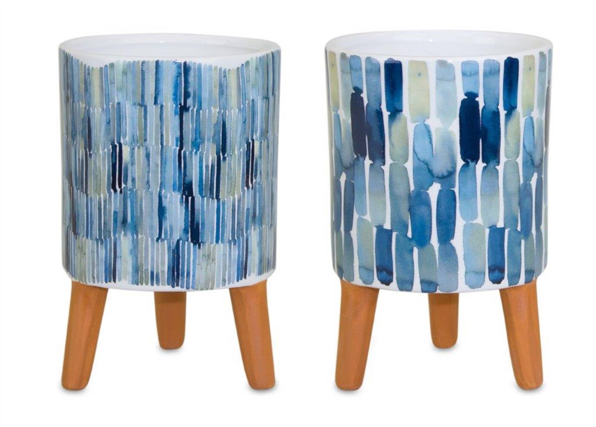 HomeRoots - Vente Pot pour plante d'intérieur - Ensemble de deux pots de fleurs ronds surélevés en céramique blanche et terre cuite bleue de 2 onces5