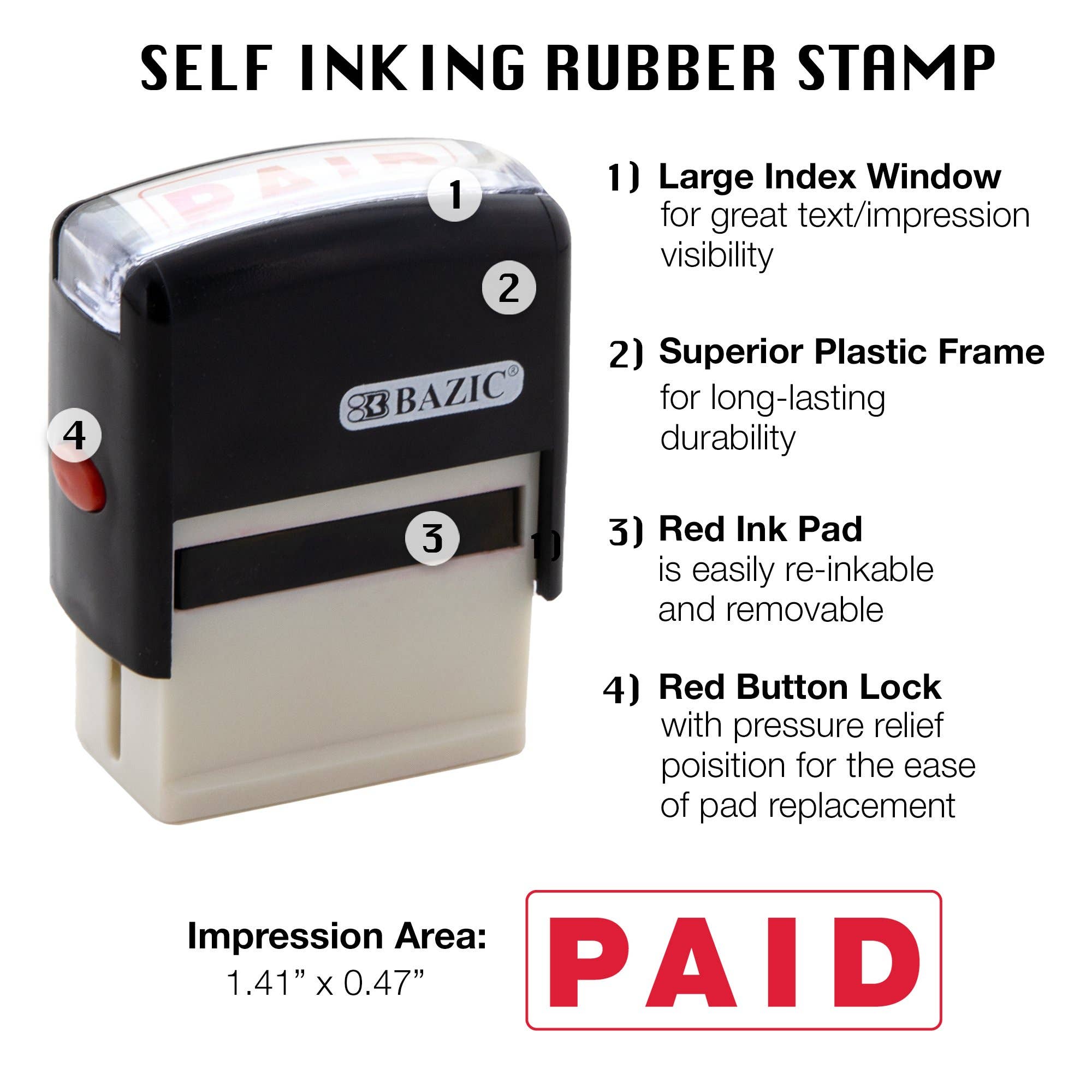 Luna Office Supply -  Everyday Essential - Wholesale Rubber/Decorative Stamp - Paid Self Inking Rubber Stamp (Red Ink)3