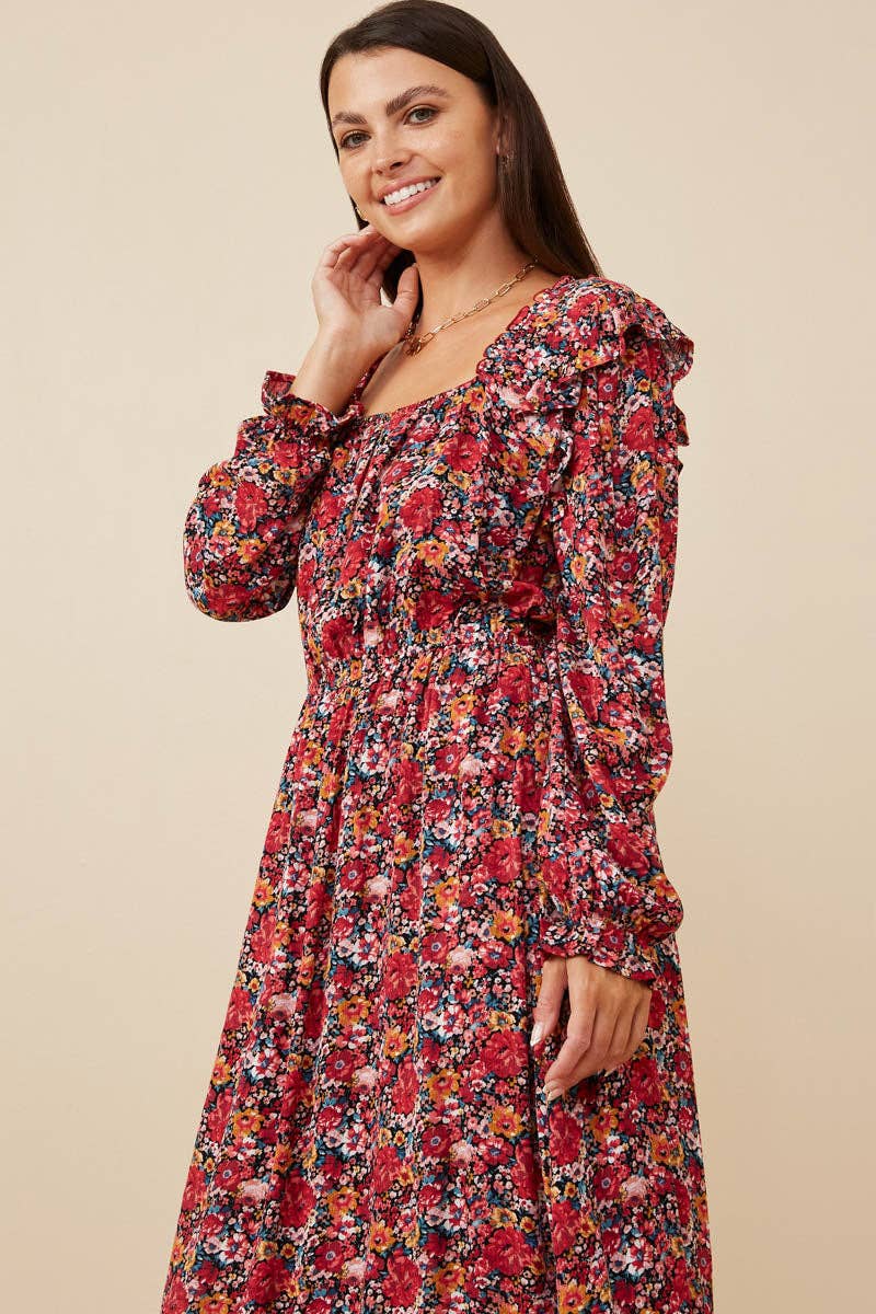 Cherry Womens Floral Print Ruffled Square Neck Midi Dress for wholesale on Faire3