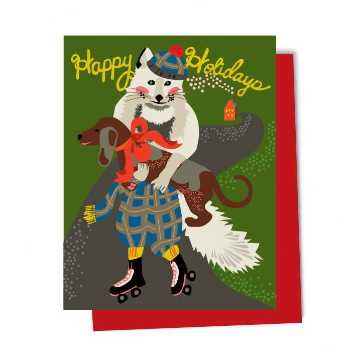 Rollerskating Fox Holiday Card for wholesale by Elizabeth Grubaugh